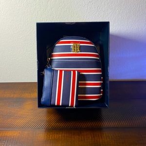 Tommy Hilfiger red and white navy blue mini hand bag with a matching wallet